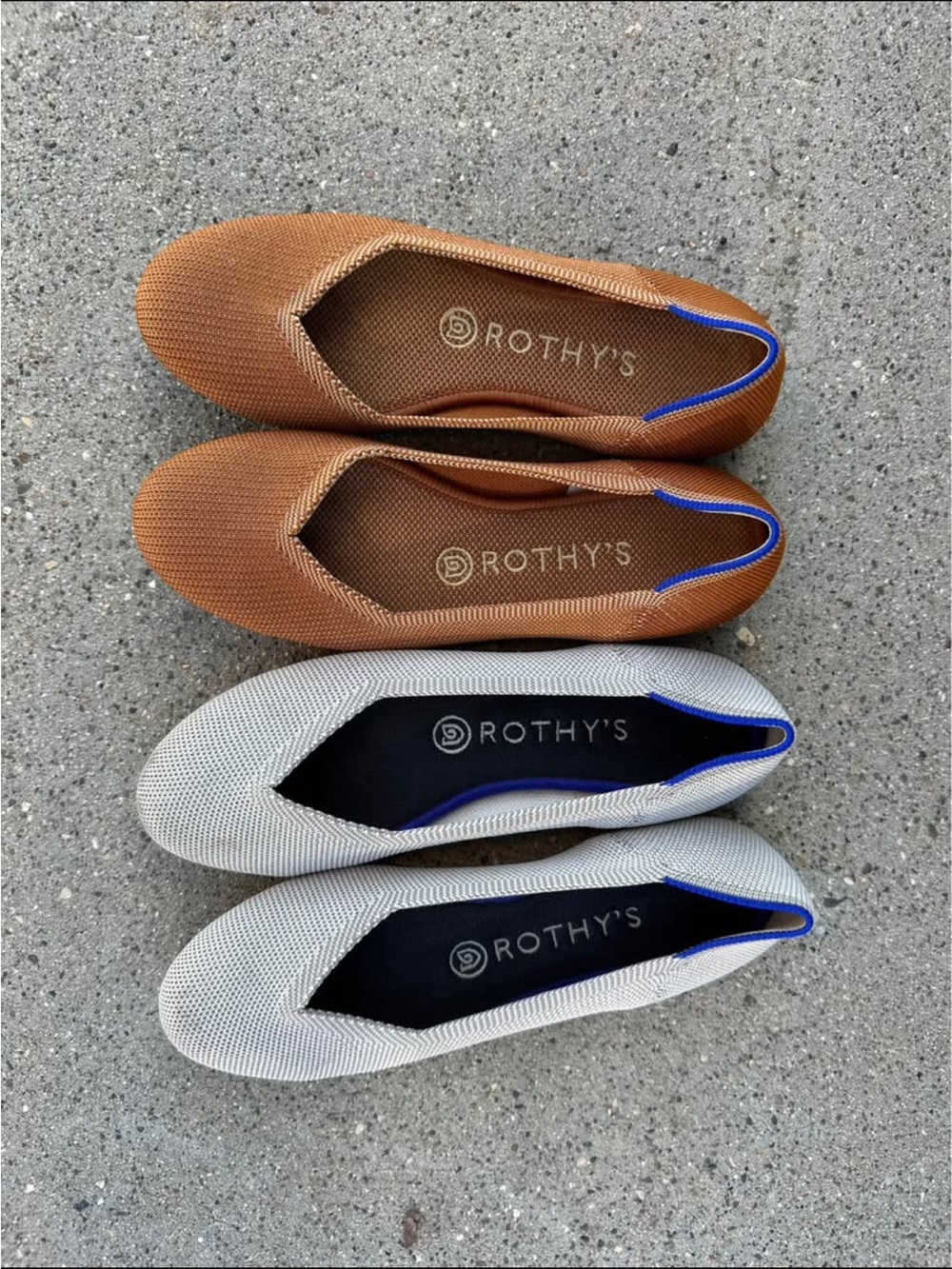 Rothy's Slip-On Flats Tan and Light Gray with Blue Trim